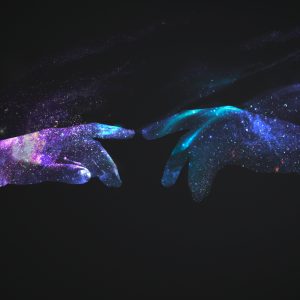 Digitial version of the painting with God's hand touching Adam's one