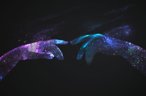 Digitial version of the painting with God's hand touching Adam's one